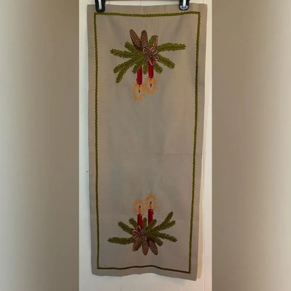 Beige Linen Table Runner Embroidered Christmas Candle Pinecone Vintage Decor 36